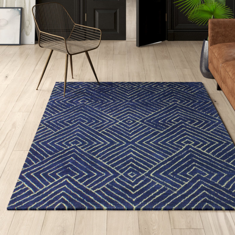 Mercury Row® Utsey Geometric Handmade Tufted Wool Navy Area Rug